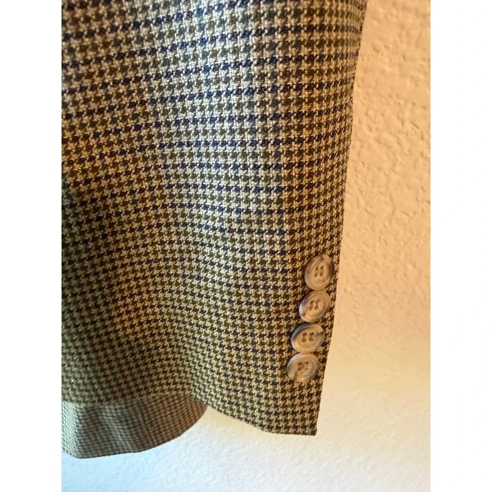 Robert Stock Mens 42L Blazer Brown Tan Houndstooth Silk Wool Sport Coat 6947AX